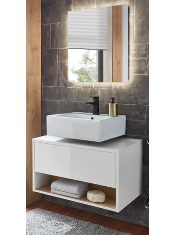 Furn.Design Badmöbel-Set 2-teilig weiß Hochglanz, Eiche 80 cm, Badezimmer mit Beleuchtung