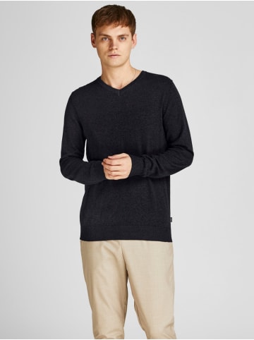 Jack & Jones Dünner Langarm Strickpullover V-Neck Basic Sweater JJEEMIL in Schwarz