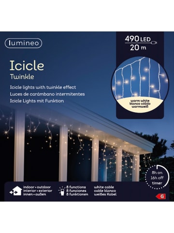 LUMINEO Lichtervorhang ICICLE TWINKLE 490 LED 20 m, weißes Kabel in warm weiß