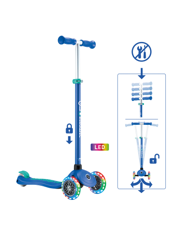 GLOBBER Scooter PRIMO PLUS LIGHTS Roller in dunkelblau, mit Leuchtrollen