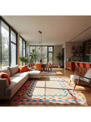 KADIMA DESIGN Teppich Wolle DAHLIA Geometrisch Wohnzimmer Modern Karo Wohnlich in Multi