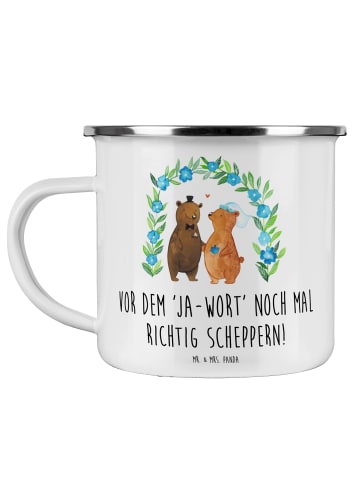 Mr. & Mrs. Panda Camping Emaille Tasse Polterabend Spaß mit Spruch in Weiß