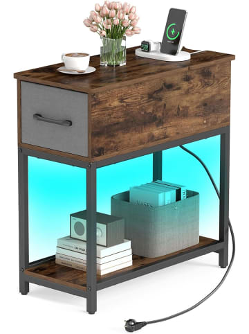COSTWAY Nachttisch mit Ladestation & LED-Leuchten in Hellbraun