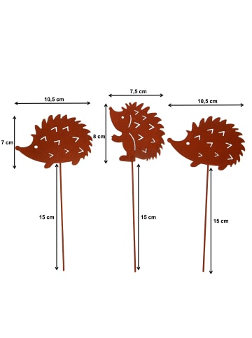 UNUS 3er Set Gartenstecker Rost Igel in Braun