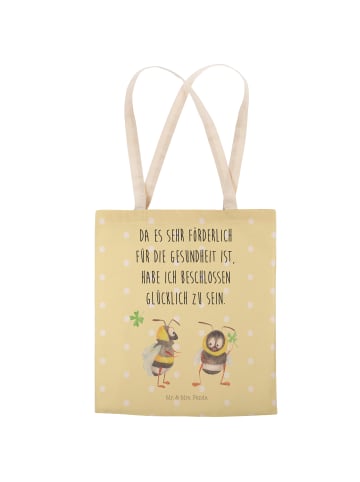 Mr. & Mrs. Panda Einkaufstasche Hummeln Kleeblatt mit Spruch in Gelb Pastell