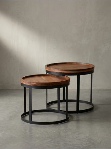 KADIMA DESIGN Beistelltisch-Set Massiv | 2 Runde Tische, Metallgestell in Braun