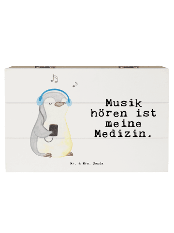 Mr. & Mrs. Panda Holzkiste Pinguin Musik hören mit Spruch in Weiß