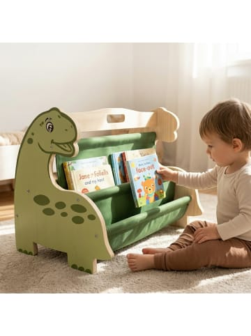 relaxdays Bücherregal Kinder "Dino" in Grün/ Natur - (B)44 x (H)34 x (T)31 cm