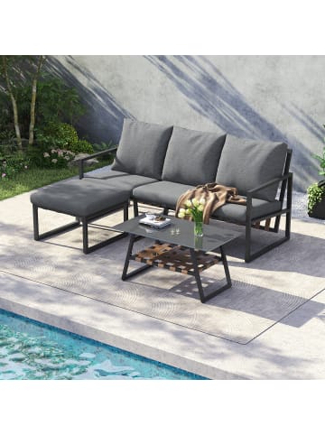 ABRIHOME Lounge Sofagarnitur in Grau mit Glas-Tisch und Hocker für 4 Personen