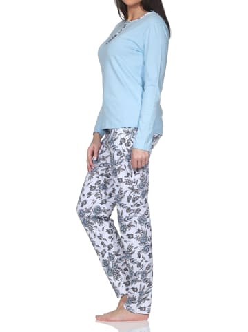 NORMANN Pyjama Schlafanzug langarm Hose floralem print in blau