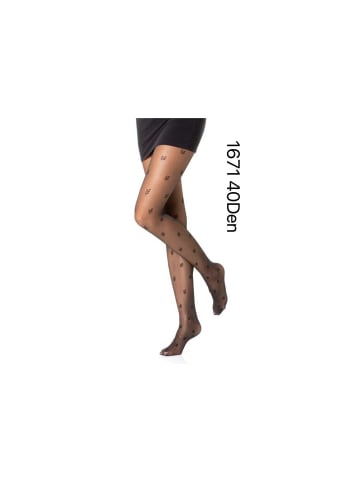 COFI 1453 Damen Strumpfhose 40 Den durchsichtig mit Muster Baumwollzwickel in Schwarz