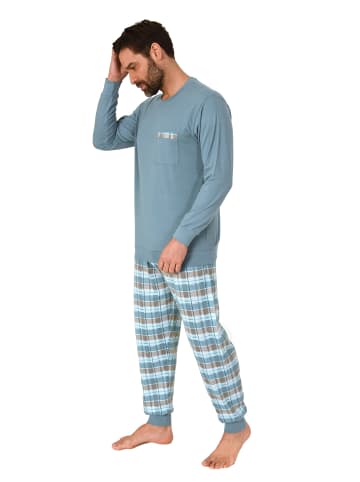 NORMANN langarm Schlafanzug Pyjama Bündchen und karierter Jersey Hose in hellblau