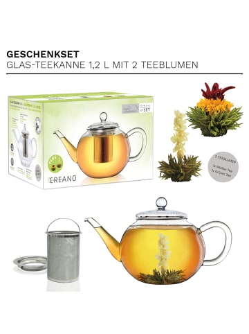 Creano Teekannen-Geschenkset 1x Teekanne 1.2l inkl. 2 Teeblumen Grüner + Weißer Tee