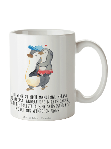 Mr. & Mrs. Panda Teetasse Pinguin Kleine Schwester mit Spruch in Weiß