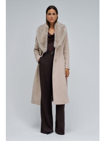 Salsa Jeans Wollmantel Long Wool Coat Faux Fur Belt in Medium Beige V1