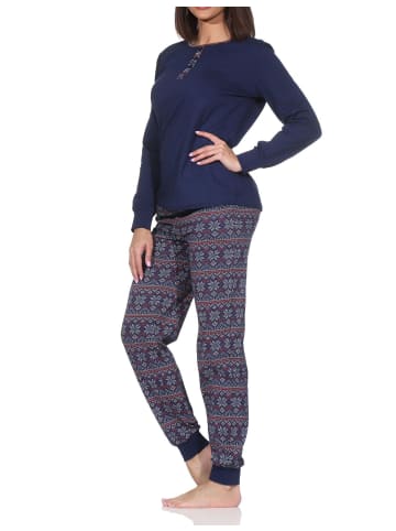NORMANN Langarm Schlafanzug Pyjama Bündchen Ethnolook in marine