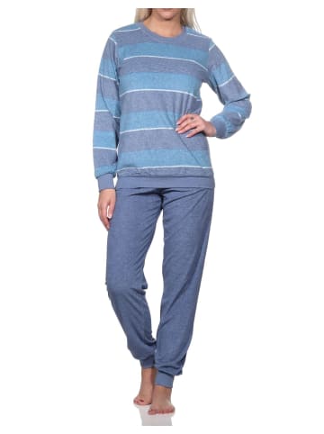 NORMANN Frottee Schlafanzug Bündchen Streifen - 81767 in blau