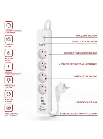 COFI 1453 4-fach Steckdosenleiste + 3xUSB A ; 3 Meter; 3×1,5mm² H05VV-F in Weiß