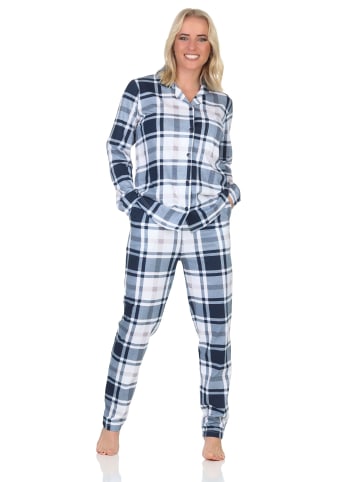 NORMANN Schlafanzug langarm Pyjama karierte Optik Jersey - 87044 in marine