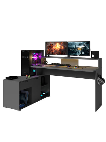 58 aufm Kessel GAMING SCHREIBTISCH Pasha 11 mit LED Beleuchtung Holznachbildung Grau