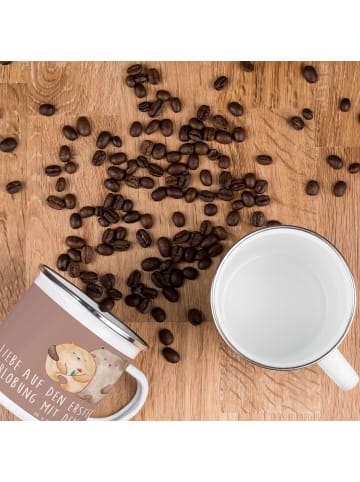 Mr. & Mrs. Panda Camping Emaille Tasse Verlobung Glaube mit Spruch in Braun Pastell