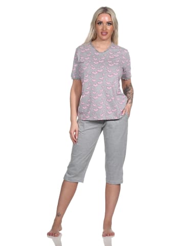 NORMANN Kurzarm Schlafanzug Caprihose Herz - 78870 in grau