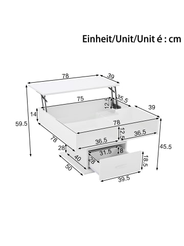 ABRIHOME Hochglanz Lift Couchtisch mit LED und flexiblem Stauraum, Weiß
