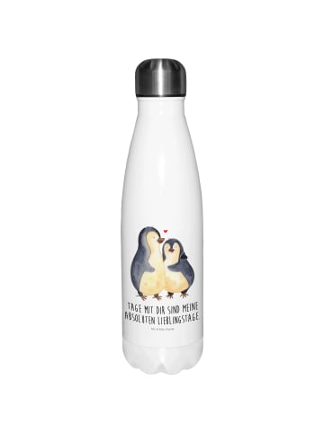 Mr. & Mrs. Panda Trinkflasche Pinguin umarmen mit Spruch in Weiß