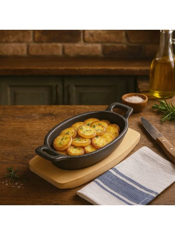 Freyersbacher Kleine Gusseisenpfanne Oval 14x9 cm, Emaille Servierpfanne in Schwarz