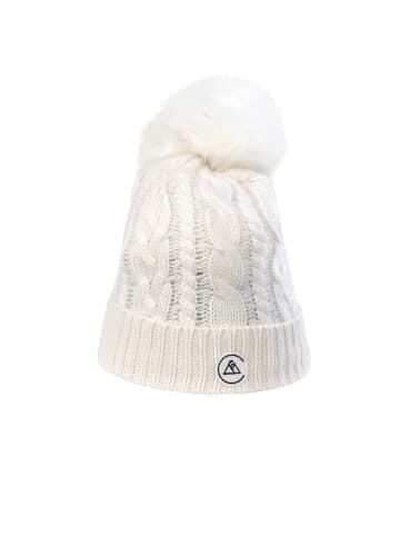 CASH-MERE.CH Mütze mit Zopfmuster und Bommel in Weiss