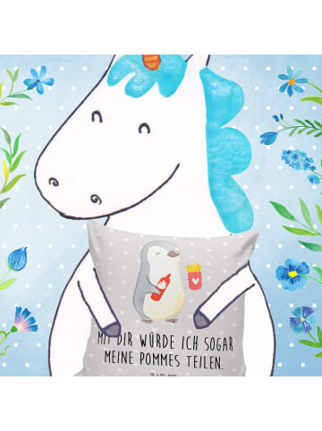 Mr. & Mrs. Panda Kissen Pinguin Pommes mit Spruch in Grau Pastell