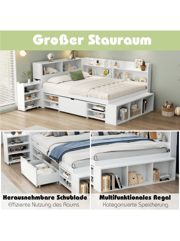 ABRIHOME Doppelbett mit Schubladen Bücherregal und Stauschrank 140x200 cm in Weiß