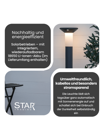STAR Trading Solar Pollerleuchte Valta 90 cm Graphit – Außenleuchte mit Dämmerungssensor