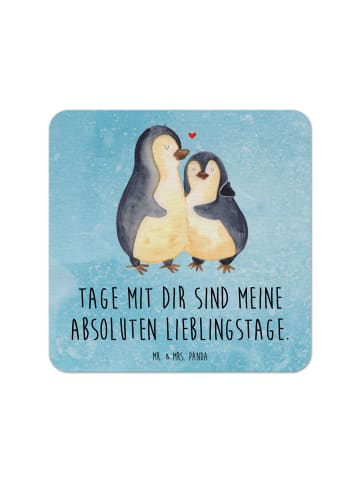 Mr. & Mrs. Panda Getränkeuntersetzer Pinguin umarmen mit Spruch in Eisblau