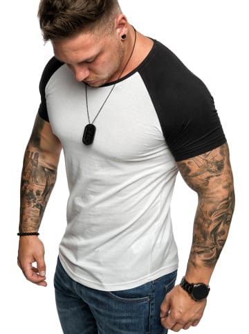 Amaci&Sons Basic Oversize Raglan T-Shirt mit Rundhalsausschnitt OMAHA in Weiß/Schwarz