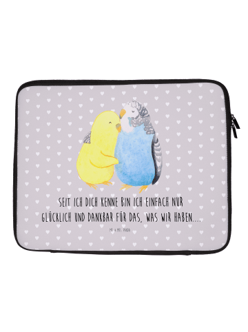 Mr. & Mrs. Panda Laptop Schutzhülle Wellensittich Liebe mit Spruch in Grau Pastell