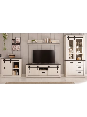 Furn.Design Wohnwand weiß Pinie, anthrazit Landhaus, Wohnkombination 4-teilig 388 cm