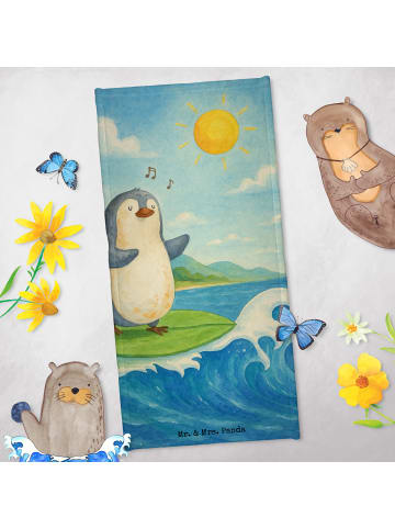 Mr. & Mrs. Panda Saunatuch Pinguin Surfer Design ohne Spruch in Weiß