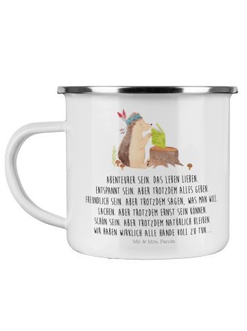 Mr. & Mrs. Panda Camping Emaille Tasse Igel Federschmuck mit Spruch in Weiß