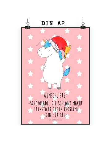 Mr. & Mrs. Panda Poster Einhorn Weihnachtsmann mit Spruch in Rot Pastell