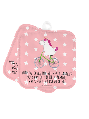 Mr. & Mrs. Panda 2er Set Topflappen  Einhorn Radfahrer mit Spruch in Rot Pastell