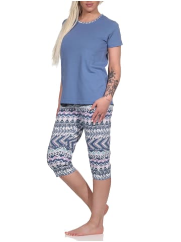 NORMANN kurzarm Schlafanzug Pyjama Caprihose Ethnolook - 77304 in blau