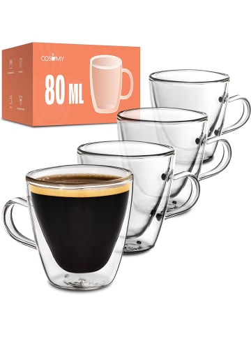 Cosumy 4 doppelwandige Espresso Thermogläser mit Henkel 80ml - Hält lange