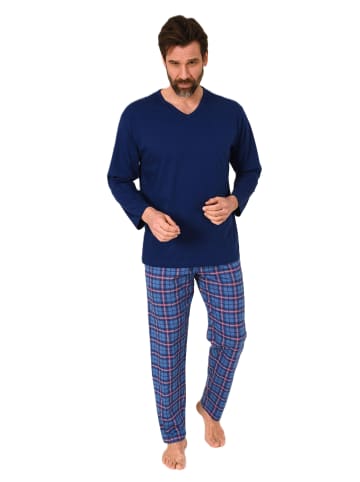 NORMANN Schlafanzug langarm mit karierter Jersey Hose in marine