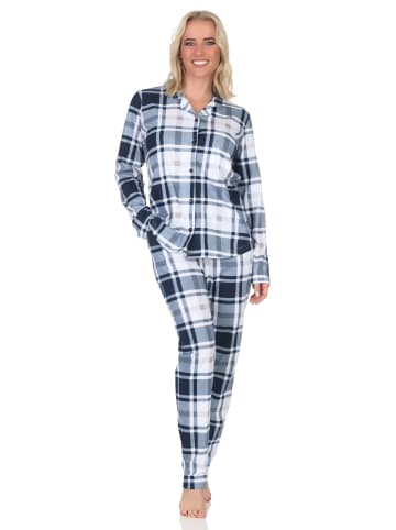 NORMANN Schlafanzug langarm Pyjama karierte Optik Jersey - 87046 in marine