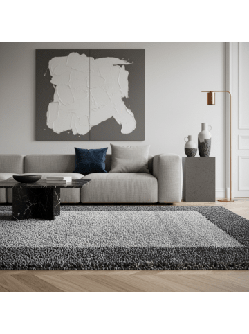 KADIMA DESIGN Teppich Hochflor Shaggy Waschbar Bordüre RHEIN Strapazierfähig in Grau