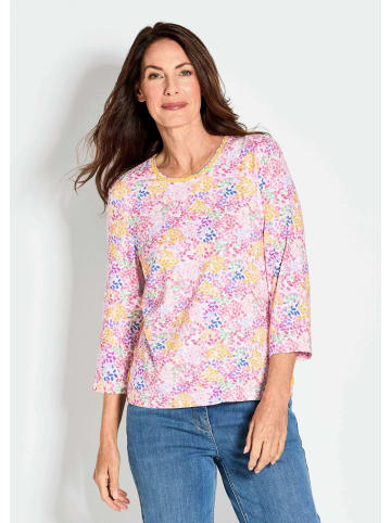 GOLDNER Kurzgröße: Elastisches Viskoseshirt mit mehrfarbigem Alloverdruck und Rundhalsausschnitt in gelb / gemustert