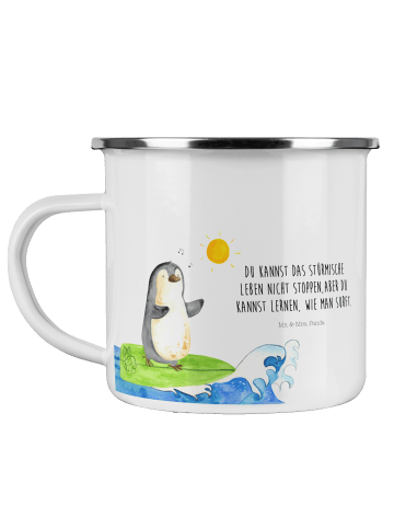 Mr. & Mrs. Panda Camping Emaille Tasse Pinguin Surfer mit Spruch in Weiß