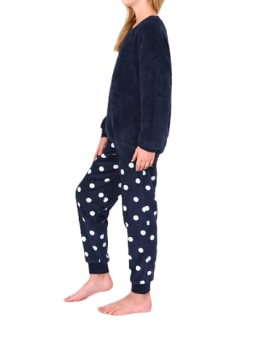 NORMANN Mädchen Schlafanzug Coralfleece Tupfen in navy