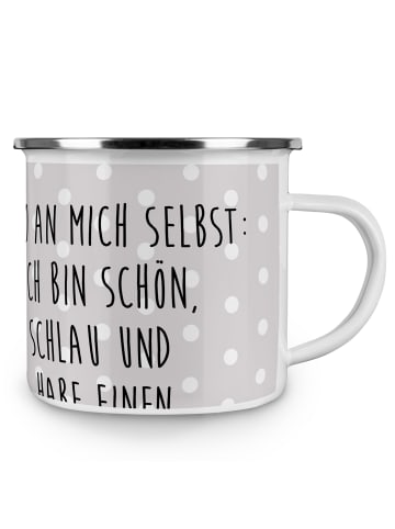 Mr. & Mrs. Panda Emaille Tasse Otter Blumenstrauß mit Spruch in Grau Pastell